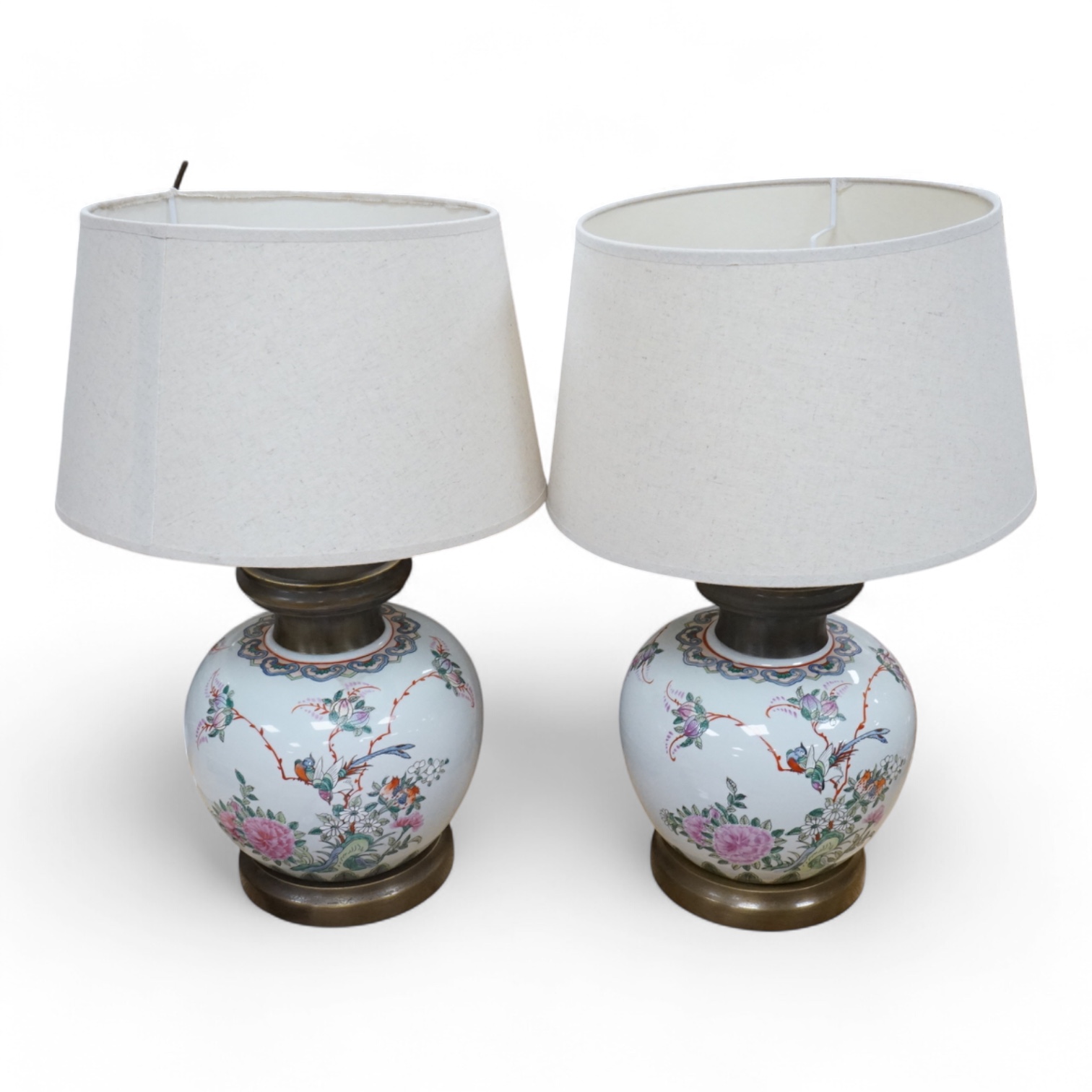 A pair of Chinese famille rose table lamps, with shades, 62cm total
